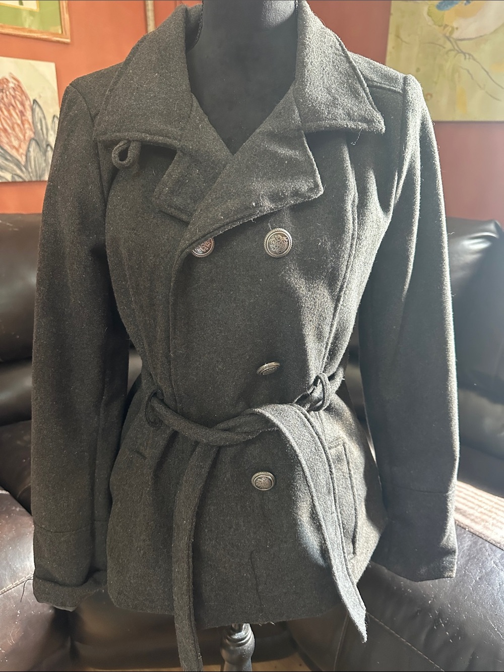 New Look Charcoal Double-Breasted Wool-Blend Peacoat with Belt